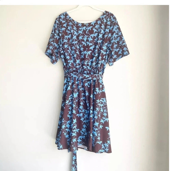 eShakti Plus Size 2X Brown Blue Fit and Flare Floral Dress - Picture 5 of 5
